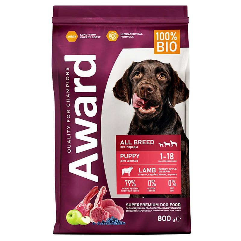 AWARD Корм д/щенков вс. пород и бер.сук,с ягненком, индейкой, яблоком и черникой 800 гр