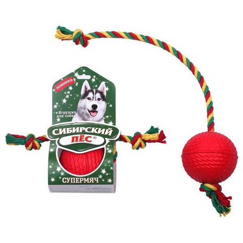 Сибирский Пёс Игрушка для Собаки "Супермяч" CРЕДНИЙ На верёвке ХБ " Два узла"