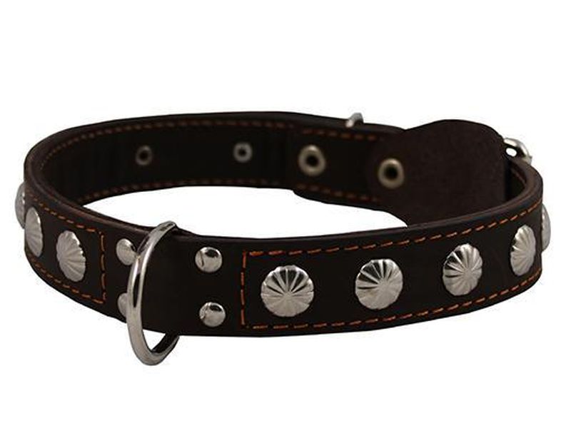 Ошейник кожаный двойной с украшением (заклепки) с полукольцом посередине 30 мм, обхват 44-53 см